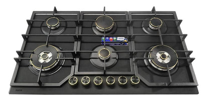 Bolesi 6 Burner Built-In Gas Hob with 2 WOK Burners, Golden Diamond Series Tempered Glass Cooker