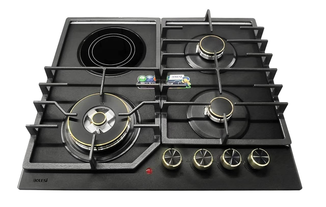 Bolesi 4 Burner Built-In Gas And Electric Hob 3 Gas Burners + 1 Electric Plate, Tempered Glass Top, Auto Ignition Golden Diamond BLS-ML-D8401G
