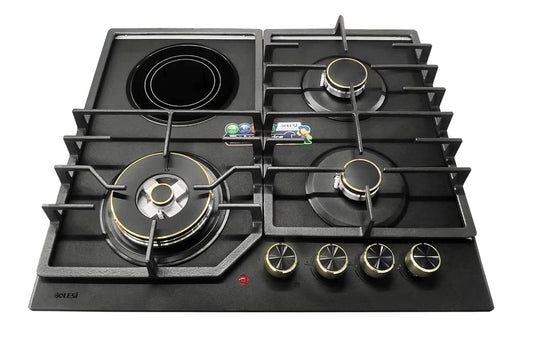 Bolesi 4 Burner Built-In Gas And Electric Hob 3 Gas Burners + 1 Electric Plate, Tempered Glass Top, Auto Ignition Golden Diamond BLS-ML-D8401G