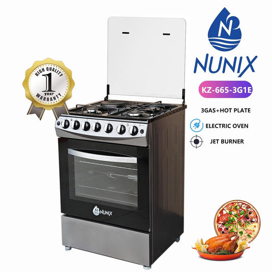 Nunix KZ-665-3G1E 60x65 Cooker 3 Gas Burners + 1 Electric Hotplate, Electric Oven, Rotisserie, Auto Ignition