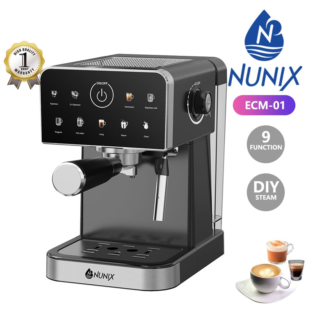 Nunix Espresso Coffee Machine ECM-01 Coffee Maker 1350W Manual Frothing 9 Functions, Espresso, Americano, Steam & Hot Water