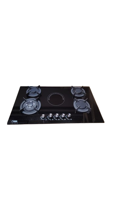 Khal Hob 4 Gas(1 WOK) + 1 Electric Ceramic Plate ,Black Glass 90cm ID-5006