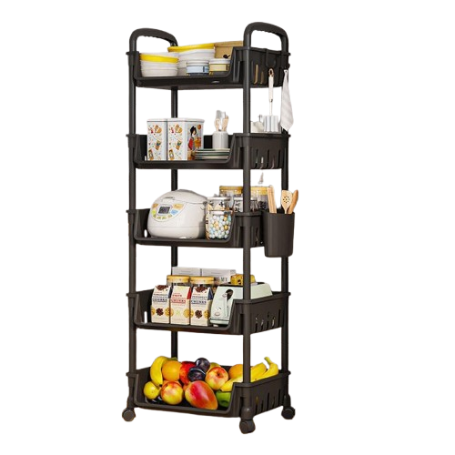NUNIX  5-Tier Kitchen Organizer Rack With Rollers  Slim Storage Shelf  130x34.5x25.5cm Black YH6701-5A