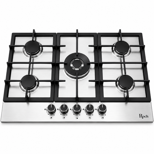 Roch Hob Built In 90cm 5 Burner With Wok Stainless Steel, Auto Ignition, LPG Compatible