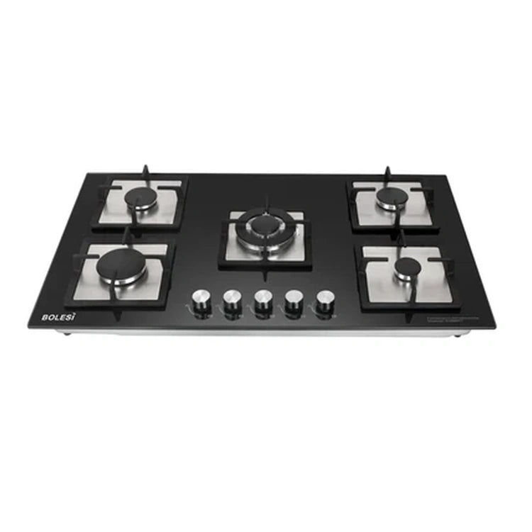Bolesi Hob 5 Burner With 1 Wok Built-In Gas Hob 90CM  Tempered Glass Top, Cast Iron Pan Support  HOB-HB-59002