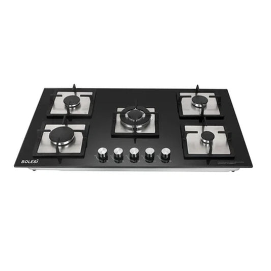 Bolesi Hob 5 Burner With 1 Wok Built-In Gas Hob 90CM  Tempered Glass Top, Cast Iron Pan Support  HOB-HB-59002