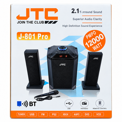 JTC Speaker  J-801 Pro 2.1 Channel Multimedia System – 1200W PMPO, Bluetooth, USB, FM Radio, Remote Control