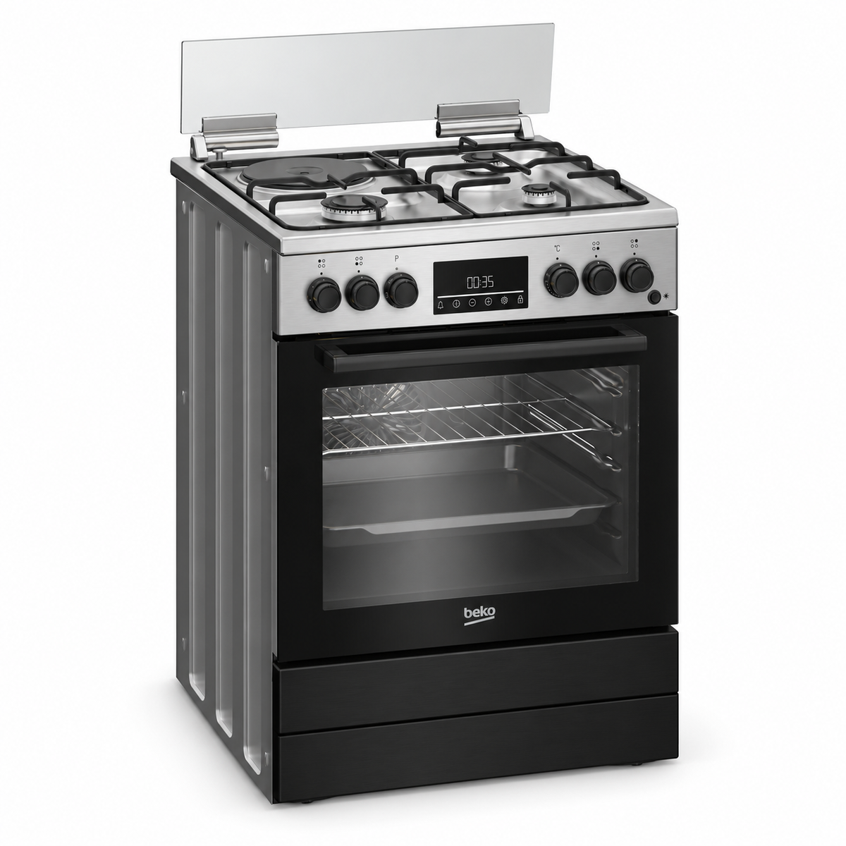 Beko Cooker 60cm Freestanding 3 Gas Burners + 1 Electric Hotplate, 66L Fan-Assisted Electric Oven, Stainless Steel