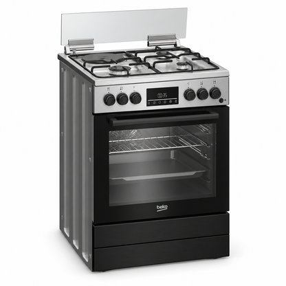 Beko Cooker 60cm Freestanding 3 Gas Burners + 1 Electric Hotplate, 66L Fan-Assisted Electric Oven, Stainless Steel