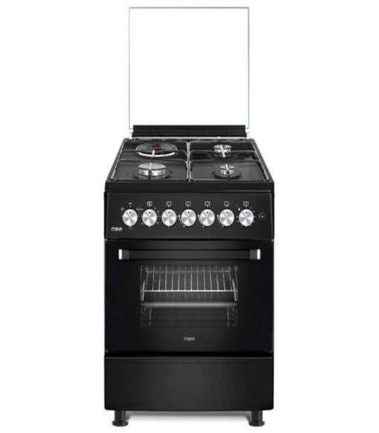 Mika Cooker, 58cm x 58cm, 3 Gas Pool Jet Burners + 1 RAPID Hot Plate, Button Ignition, 3 Function Electric Oven, Matt Black