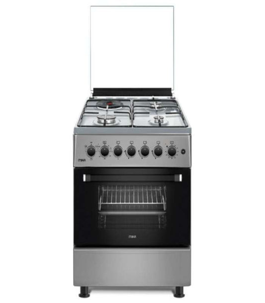 Mika Cooker, 58cm x 58cm, 3 Gas Pool Jet Burners + 1 RAPID Hot Plate, Button Ignition, 3 Function Electric Oven, Silver