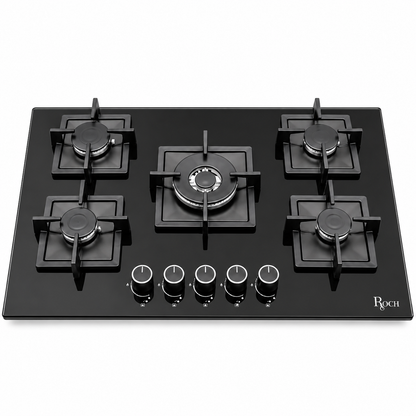 Roch Hob Built In 90cm 5 Burner With Wok Black Tempered Glass Top, Auto Ignition RBH 9050 GLB