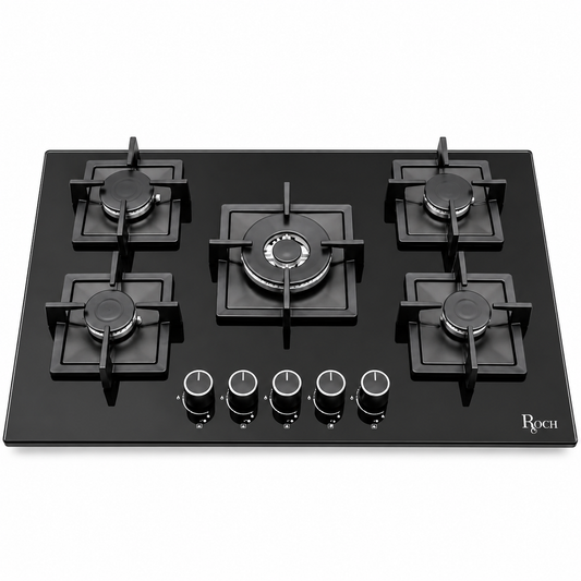 Roch Hob Built In 90cm 5 Burner With Wok Black Tempered Glass Top, Auto Ignition RBH 9050 GLB