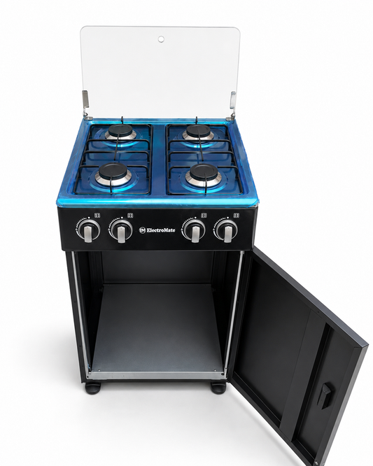 ElectroMate Gas Cooker 4 Burner with Gas Cylinder Storage Cabinet & Tempered Glass Lid – SGS005