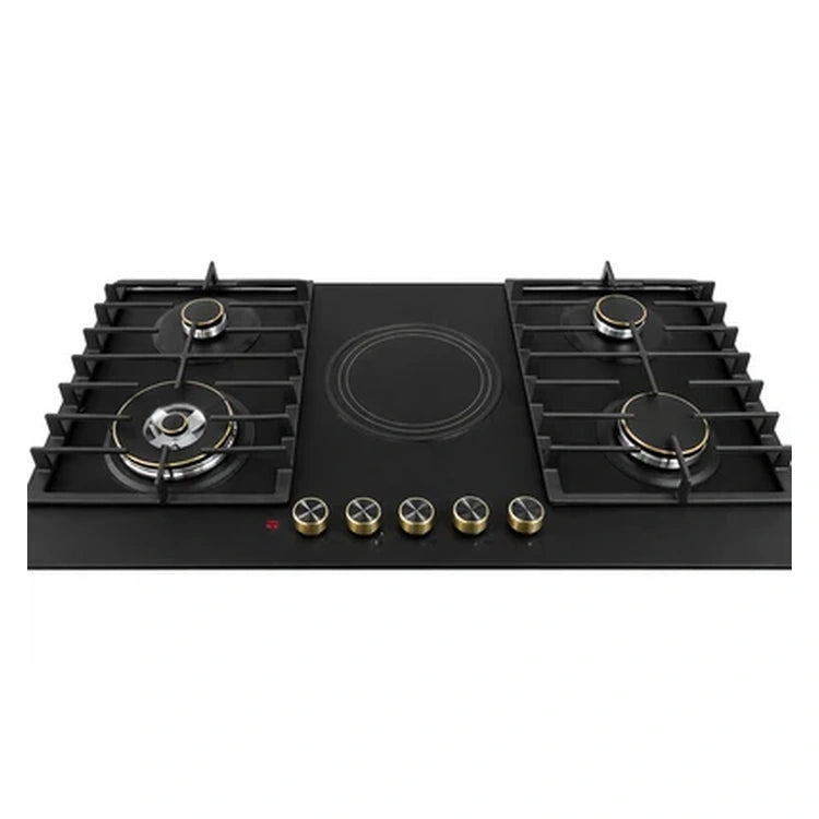 Bolesi Hob 5 Burner Built-In Gas and Electric Hob 4 Gas Burners With Wok + 1 Electric Plate, Tempered Glass Top, Cast Iron Pan Support, Auto Ignition. Black