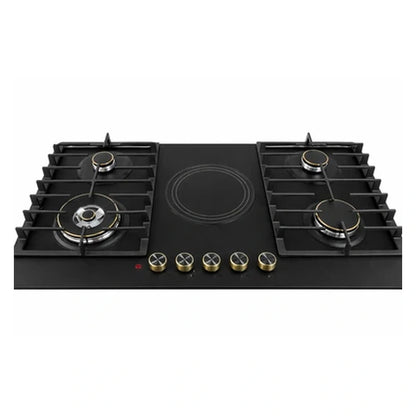 Bolesi Hob 5 Burner Built-In Gas and Electric Hob 4 Gas Burners With Wok + 1 Electric Plate, Tempered Glass Top, Cast Iron Pan Support, Auto Ignition. Black