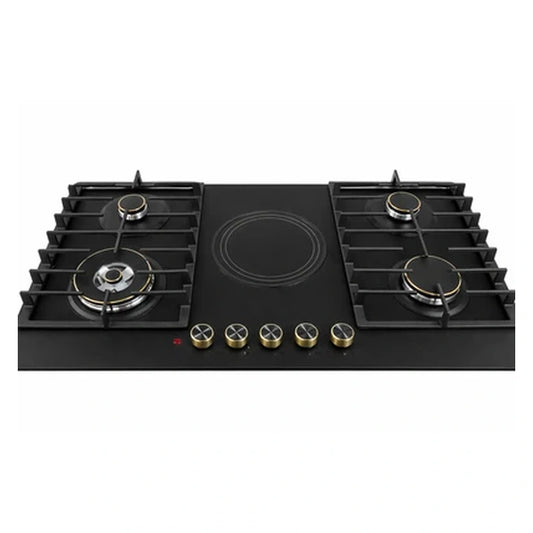 Bolesi Hob 5 Burner Built-In Gas and Electric Hob 4 Gas Burners With Wok + 1 Electric Plate, Tempered Glass Top, Cast Iron Pan Support, Auto Ignition. Black