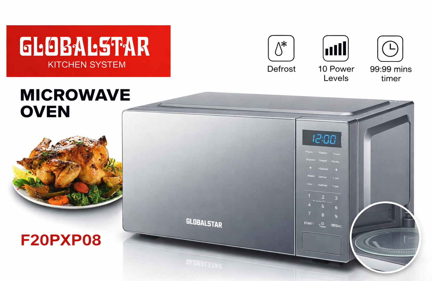 Globalstar Microwave Oven F20PXP08 20L -700W Power,Multi-Function Cooking,Defrost,Easy Manual Control White