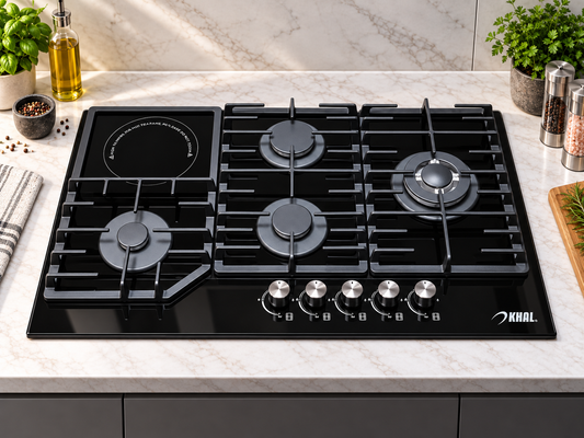 Khal Hob 4 Gas(1 WOK) + 1 Electric Ceramic Plate ,Black Glass 90cm ID-5003