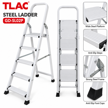 TLAC Foldable Steel Ladder GD-SL02P – White, Heavy-Duty Multipurpose Household Step Ladder