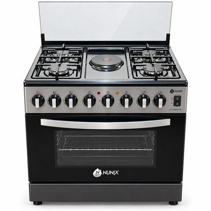 Nunix Freestanding Cooker-4Gas Burners +1Electric Hotplate,Electric Oven,60*70cm + Free Popcake Maker -KZ-760-4G1E