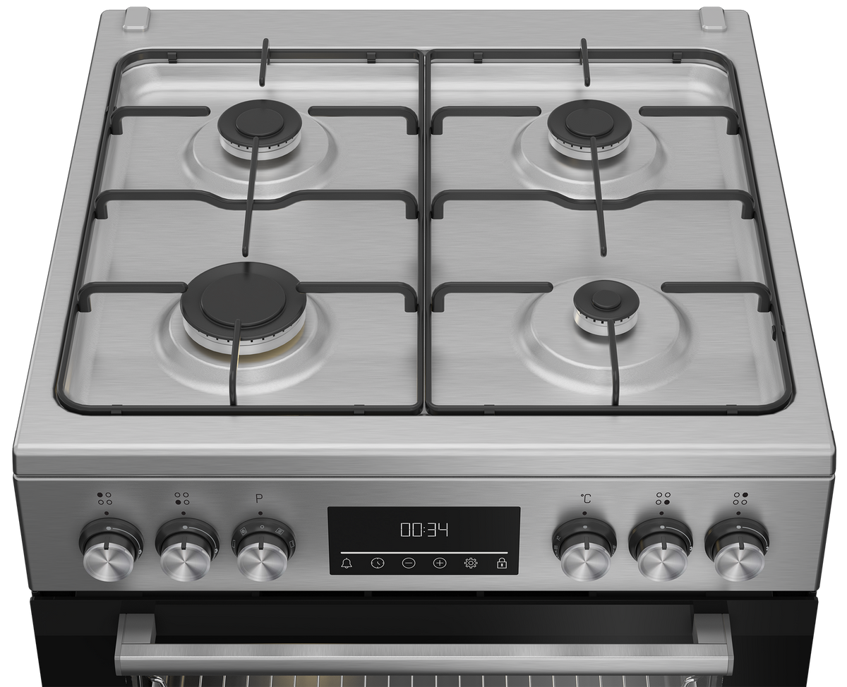 Beko Cooker 60cm Freestanding 4 Gas Burners, 66L Fan-Assisted Electric Oven, Stainless Steel