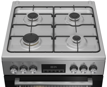 Beko Cooker 60cm Freestanding 4 Gas Burners, 66L Fan-Assisted Electric Oven, Stainless Steel