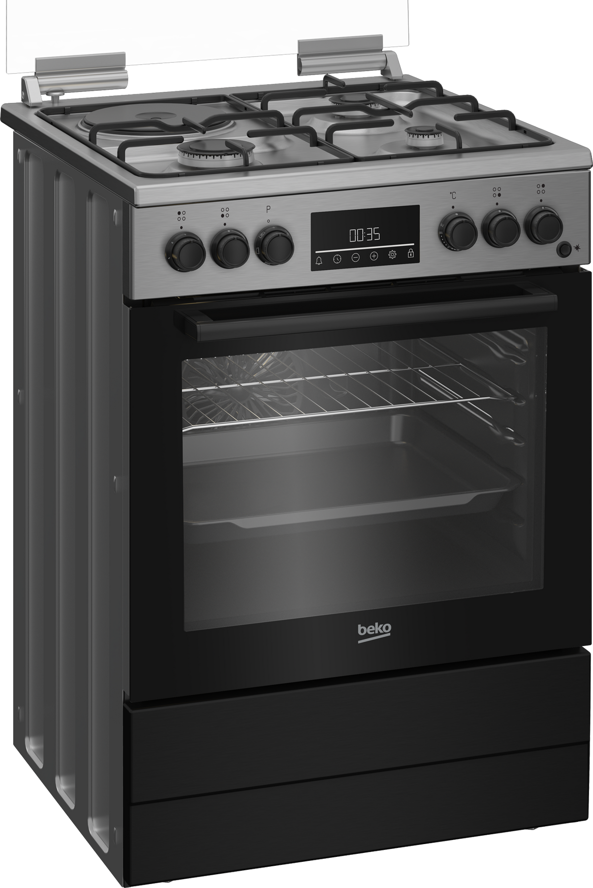 Beko Cooker 60cm Freestanding 3 Gas Burners + 1 Electric Hotplate, 66L Fan-Assisted Electric Oven, Stainless Steel