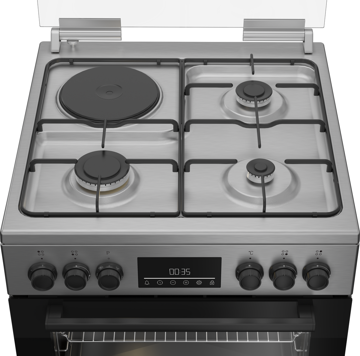 Beko Cooker 60cm Freestanding 3 Gas Burners + 1 Electric Hotplate, 66L Fan-Assisted Electric Oven, Stainless Steel