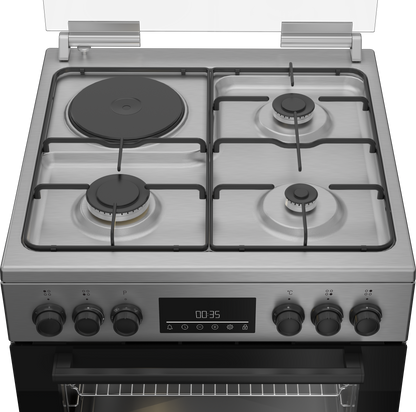 Beko Cooker 60cm Freestanding 3 Gas Burners + 1 Electric Hotplate, 66L Fan-Assisted Electric Oven, Stainless Steel
