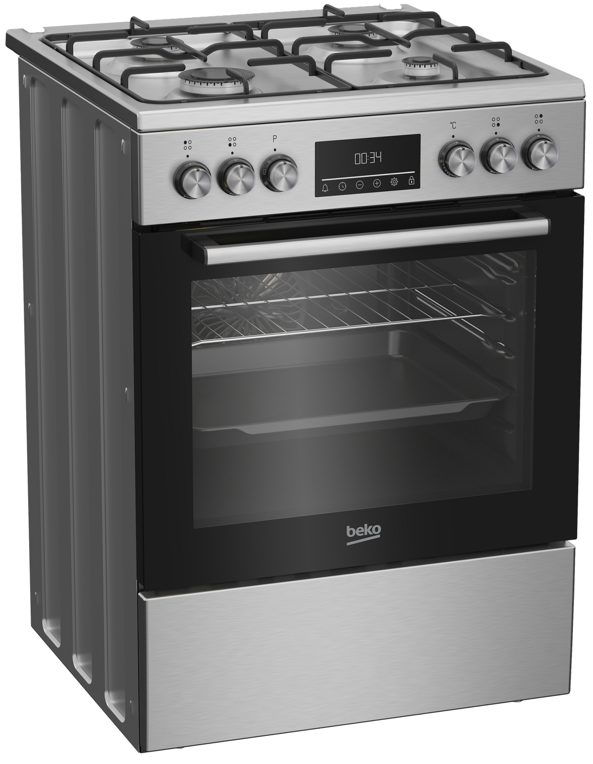 Beko Cooker 60cm Freestanding 4 Gas Burners, 66L Fan-Assisted Electric Oven, Stainless Steel