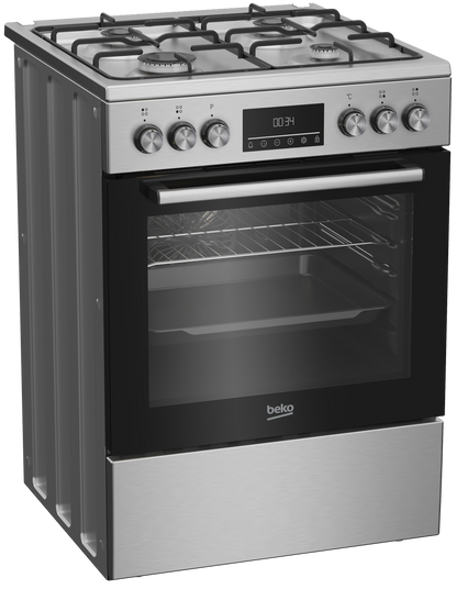 Beko Cooker 60cm Freestanding 4 Gas Burners, 66L Fan-Assisted Electric Oven, Stainless Steel