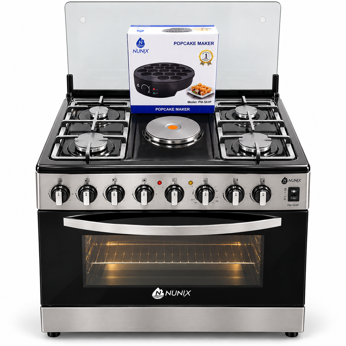 Nunix Freestanding Cooker-4Gas Burners +1Electric Hotplate,Electric Oven,60*70cm + Free Popcake Maker -KZ-760-4G1E