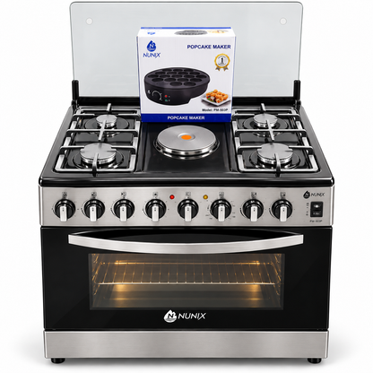 Nunix Freestanding Cooker-4Gas Burners +1Electric Hotplate,Electric Oven,60*70cm + Free Popcake Maker -KZ-760-4G1E