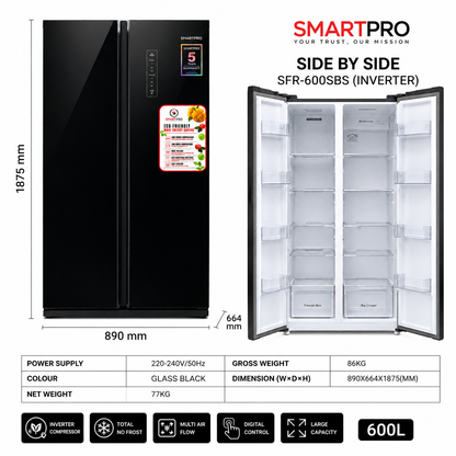 Smartpro Refrigerator 433Litres Side-by-Side Inverter No Frost – Glass Black,SFR-600SBS