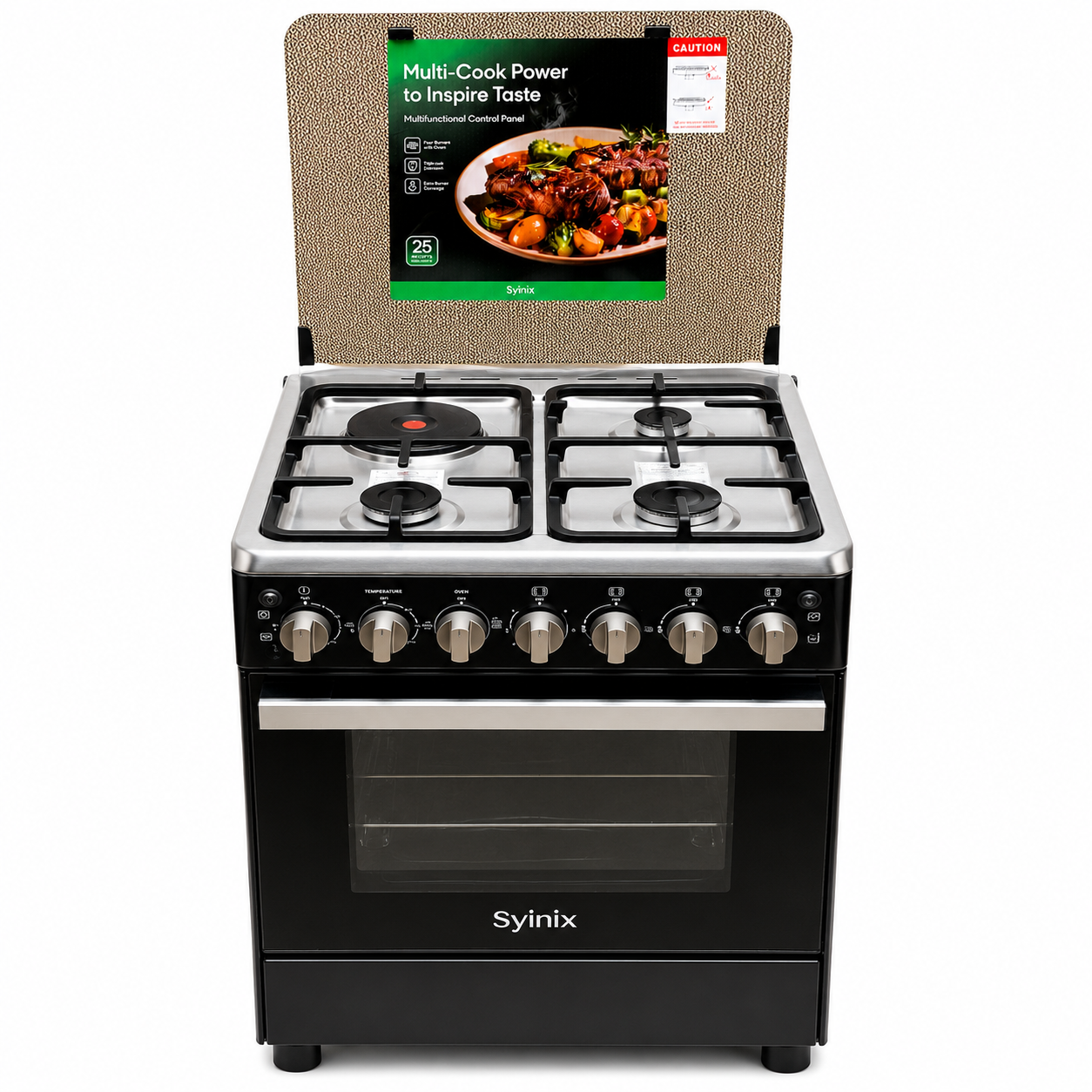 Syinix Cooker Free Standing 3 gas +1 plate with 80L Electric Oven & Rotisserie size 60X60 modelQ60GC3