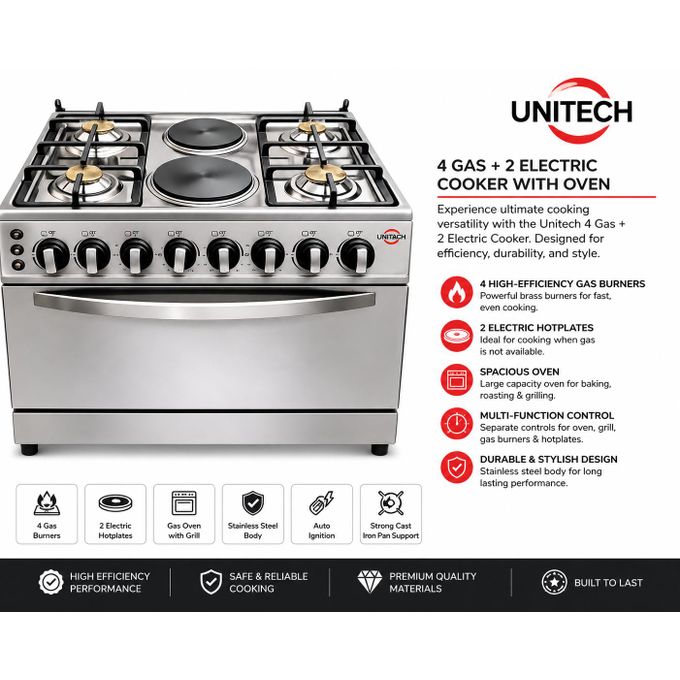 Unitech Cooker Free Standing 4 Gas 2 Electric Plates GAS OVEN Jet burner Size 60*80