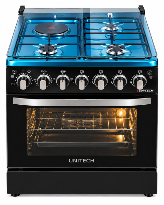 Unitech Cooker free standing 3 Gas Jet Burners and 1Hot Plate with Electric Oven Black 60x60