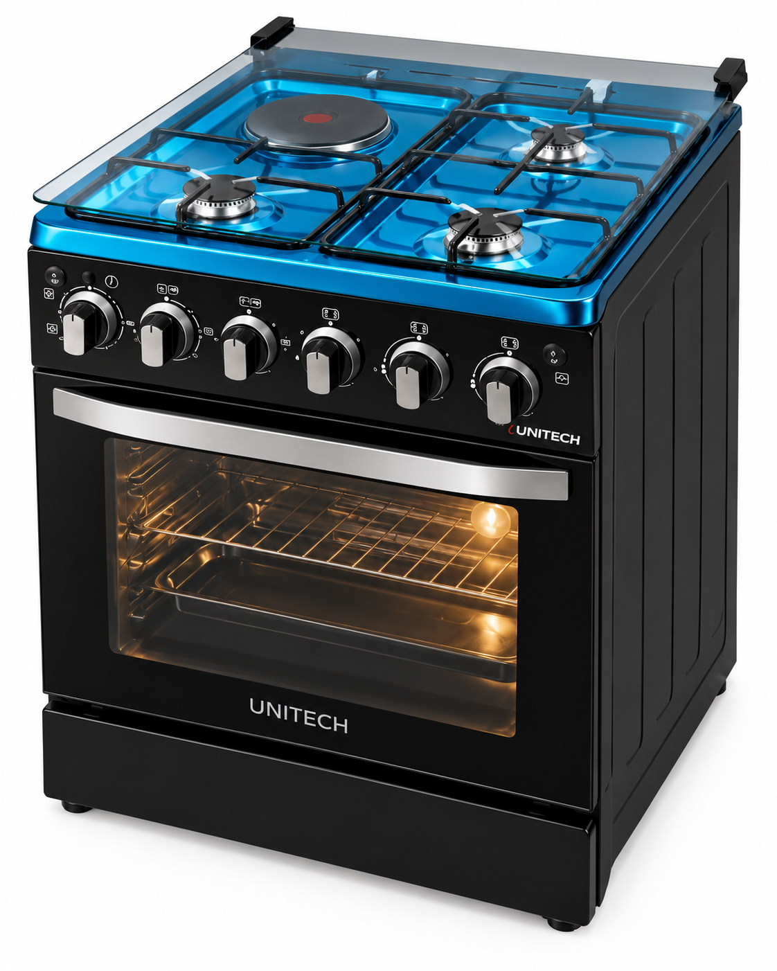 Unitech Cooker free standing 3 Gas Jet Burners and 1Hot Plate with Electric Oven Black 60x60