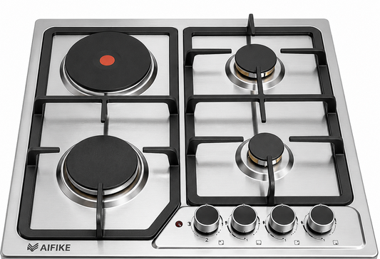 AIFIKE Built-In Hob 60CM 3 Gas Burners and 1 Electric Hotplate with Heavy Duty Cast Iron Supports