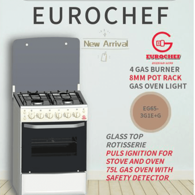 Eurochef Cooker EG55-4G+E OVEN Free Stand Glass Top Cooker, rotisserie Silver, 60L