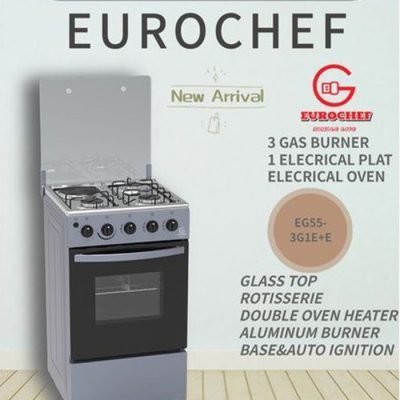 Eurochef Cooker EG55-3G1E+E OVEN Free Stand Glass Top Cooker, rotisserie Silver,