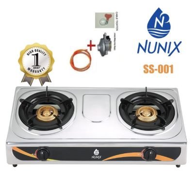 Nunix Cooker, Top Table 2 Gas Burner - Stainless + 1.5M Gas Pipe & 13KG Regulator SS001