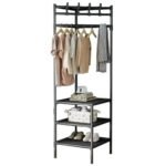 Corner clothes/coat rack shelf and shoe rack, space saving and metallic