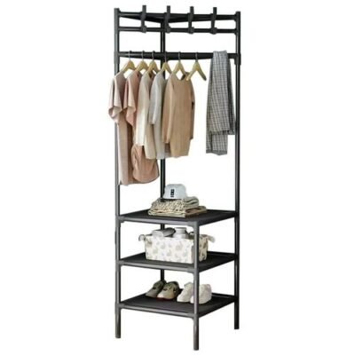 Corner clothes/coat rack shelf and shoe rack, space saving and metallic