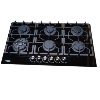 Khal Hob 6 Gas Burner with 1 Wok Burner, Black Glass 90cm ID-6002