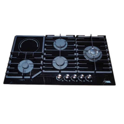 Khal Hob 4 Gas(1 WOK) + 1 Electric Ceramic Plate ,Black Glass 90cm ID-5003