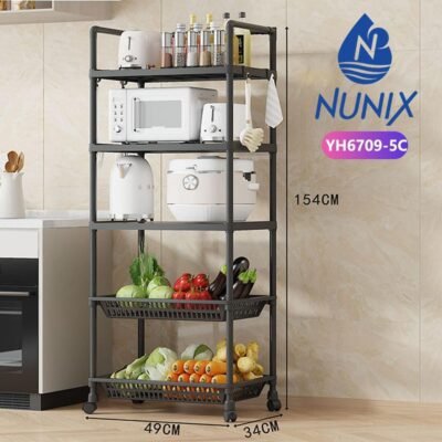 Nunix 5-Tier Kitchen Organizer Rack With Rollers Multi-Purpose Storage Shelf 154x49x34cm Black