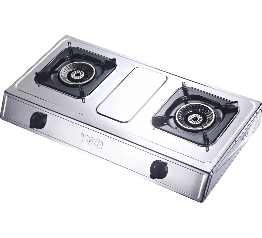 b3d03f82e6abfcf904c9ae1bd86c2ac1@2x-Photoroom VON Cooker 2 Burner Gas Table Top Enamel Coated, Stainless Steel With 1.5M Free Gas Pipe VCT2XWGX - Image 1