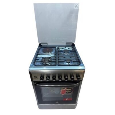 Bjs Eminence 60x60 Cooker 3 Gas Burners + 1 Electric Plate, rapid plate, WOK triple ring burner, sensor, blue enamel oven, turbo fan, food warmer, Stainless Steel. Silver